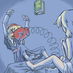 &gt;_&lt; 2girls alice_margatroid bed blonde_hair book boxing_gloves closed_eyes failure female flcl kirisame_marisa lowres lupin_dive lupin_iii multiple_girls naked_sheet parody touhou