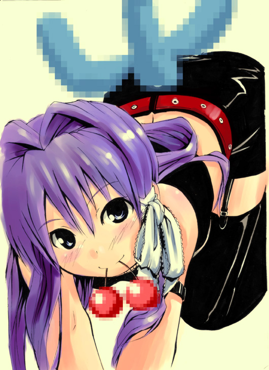 1girl all_fours censored cherry clannad fake_censor food fruit fujibayashi_kyou futari_no_ana garter_straps looking_at_viewer mouth_hold purple_hair simple_background smile solo tail thigh-highs zettai_ryouiki