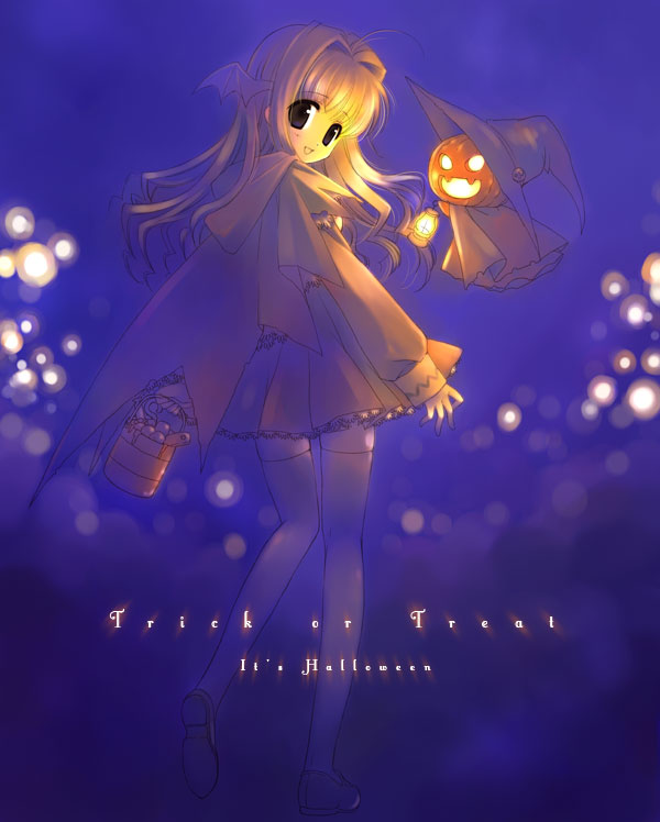 1girl basket blue_background brown_eyes brown_hair cape hair_intakes halloween hat jack-o'-lantern light_particles long_hair looking_back original pumpkin shoes skirt smile solo thigh-highs touto_seiro trick_or_treat witch_hat