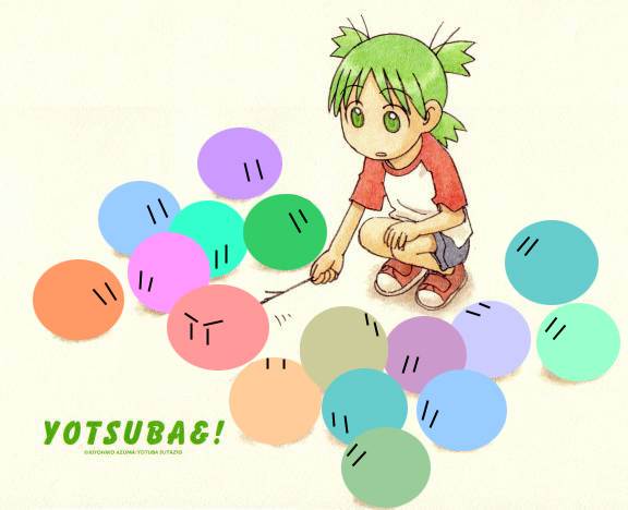 1girl beige_background child clannad creature crossover dango dango_daikazoku food full_body green_eyes green_hair koiwai_yotsuba parody poking quad_tails raglan_sleeves shirt short_hair shorts simple_background solo stick t-shirt wagashi yotsubato! |_|