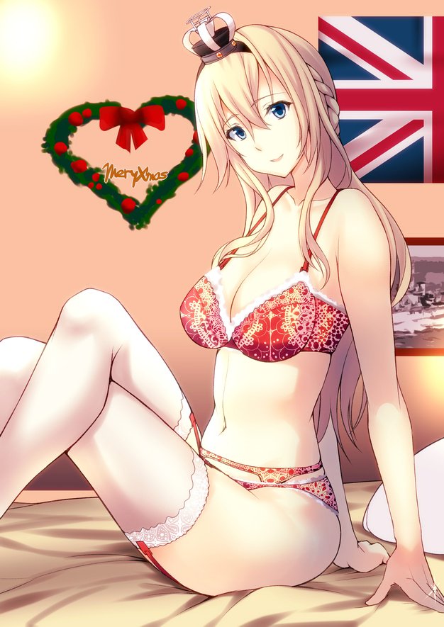 1girl arm_support blonde_hair blue_eyes bra braid breasts collarbone commentary_request crown eyebrows_visible_through_hair french_braid garter_belt garter_straps hair_between_eyes headband heart hms_warspite indoors jewelry kantai_collection kuurunaitsu large_breasts legs_crossed long_hair merry_christmas mini_crown navel on_bed open_mouth panties photo_(object) pillow red_bra red_panties ring sitting smile solo thigh-highs underwear union_jack warspite_(kantai_collection) wedding_ring white_legwear wreath