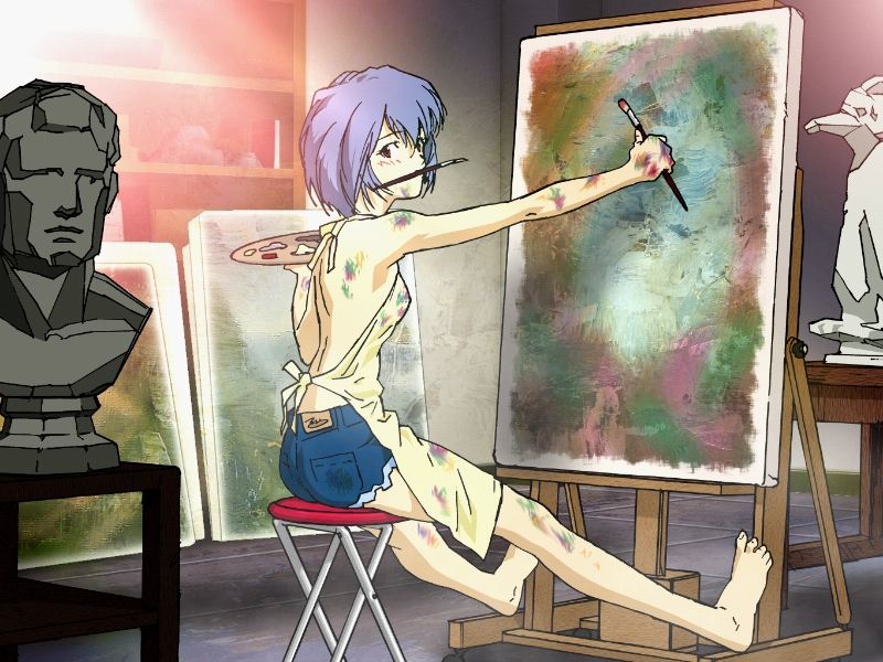 abstract apron ayanami_rei barefoot blue_hair cutoffs denim denim_shorts dirty jpeg_artifacts neon_genesis_evangelion paint red_eyes shorts