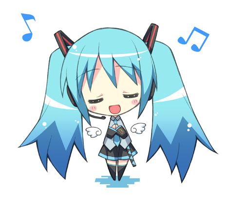 1girl black_legwear blue_hair blush chibi closed_eyes hands_clasped hatsune_miku headset hinata_mutsuki long_hair lowres music musical_note necktie open_mouth p-drops quaver simple_background singing skirt solo thigh-highs twintails very_long_hair vocaloid white_background wings zettai_ryouiki