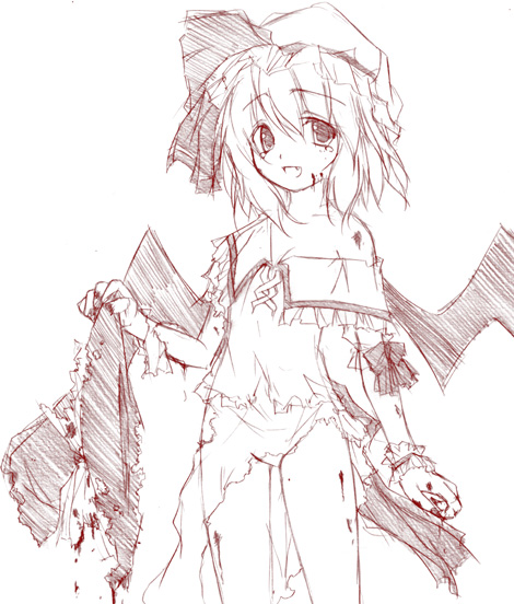 1girl blood female flat_chest hat monochrome red remilia_scarlet sketch solo torn_clothes touhou wings yumesato_makura