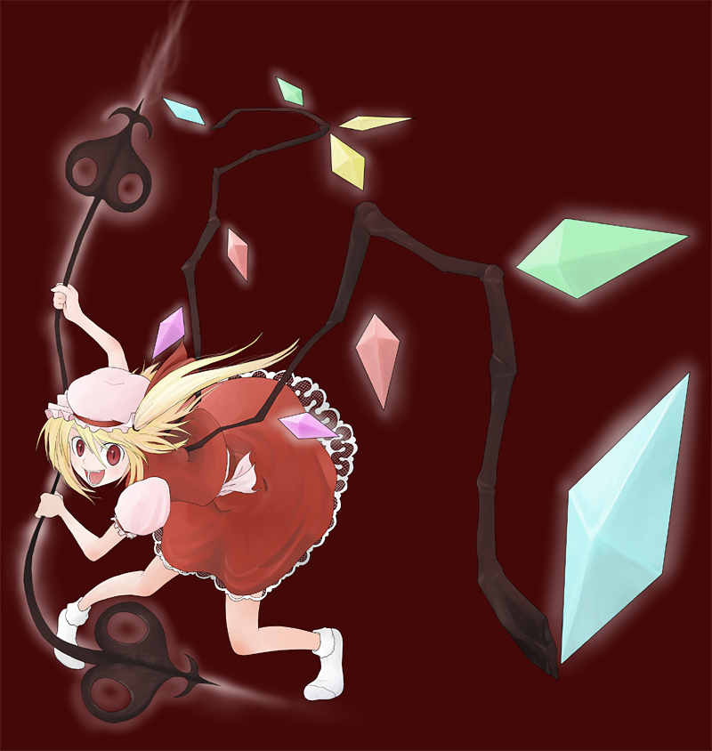 1girl :d bent_over blonde_hair crystal dress female fighting_stance flandre_scarlet footwear holding holding_weapon itsukage looking_at_viewer open_mouth polearm puffy_short_sleeves puffy_sleeves red_background red_dress red_eyes short_sleeves simple_background smile socks solo spear touhou weapon wings