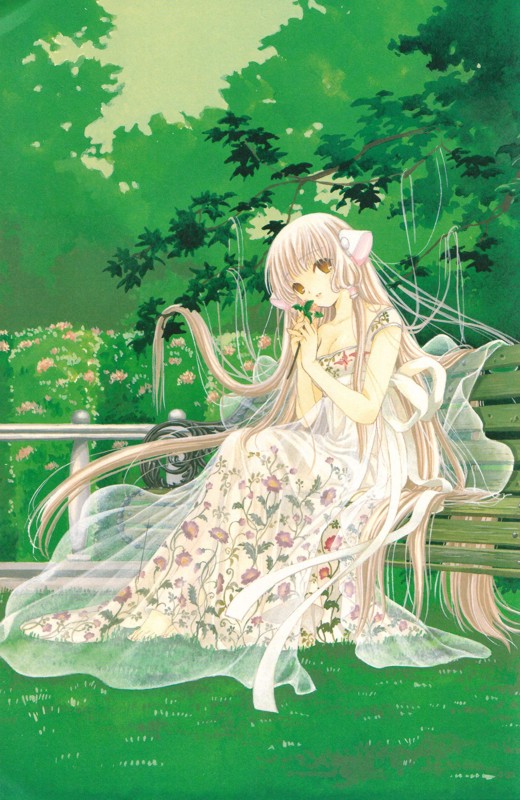 00s 1girl bench chii chobits clamp dress flower grass hair_tubes long_hair robot_ears see-through sitting solo tree very_long_hair