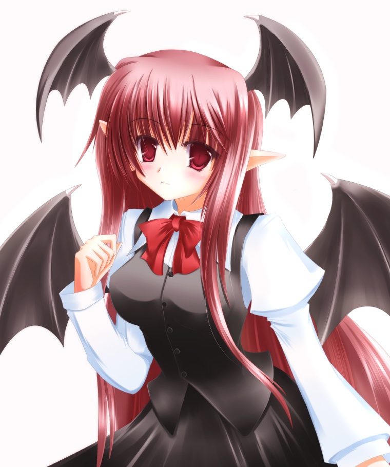 1girl bat_wings bow dress female head_wings koakuma long_hair pointy_ears redhead shirotsuki_kouta solo the_embodiment_of_scarlet_devil touhou wings