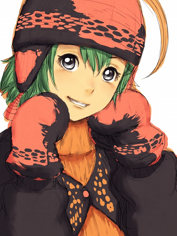 1girl beanie fumio_(rsqkr) green_hair grey_eyes grin hat head_tilt mittens original short_hair sketch smile solo upper_body