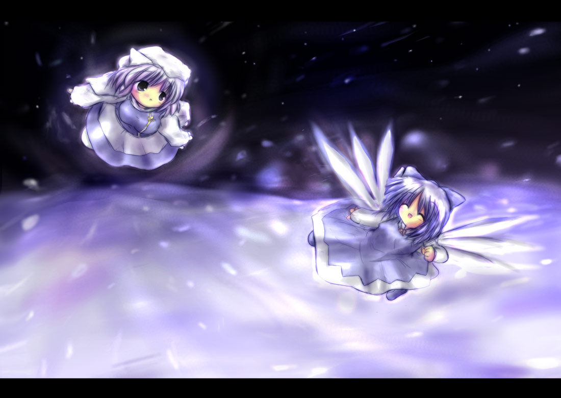 2girls :d ^_^ blue_hair cirno closed_eyes female hat kouba letty_whiterock multiple_girls open_mouth perfect_cherry_blossom purple_hair short_hair smile snow snowing touhou wings
