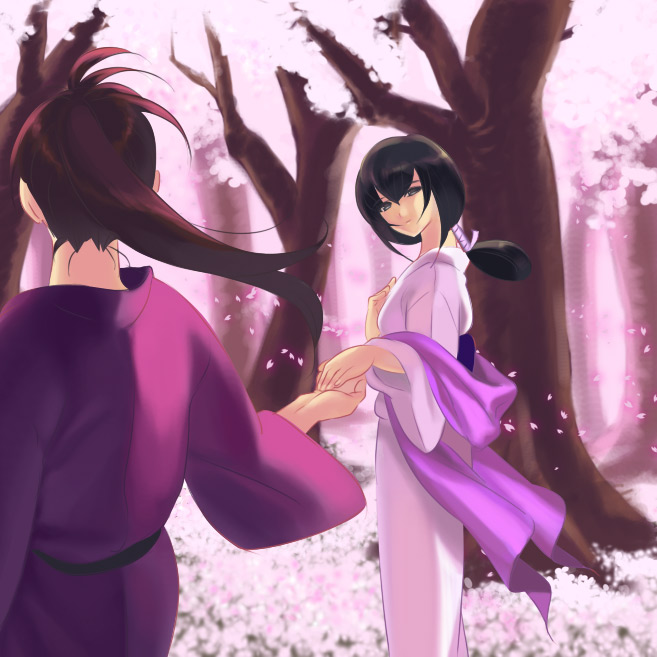 1boy 1girl black_hair cherry_blossoms forest hair_between_eyes hand_holding hand_on_own_chest head_tilt himura_kenshin japanese_clothes long_hair long_sleeves nature outdoors petals piyodera_mucha rurouni_kenshin sash scarf standing tree wide_sleeves yukishiro_tomoe