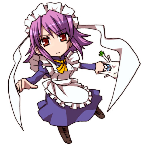 1girl chibi hida_naria maid nalia purple_hair red_eyes shakugan_no_shana shopping short_hair solo spring_onion wilhelmina_carmel