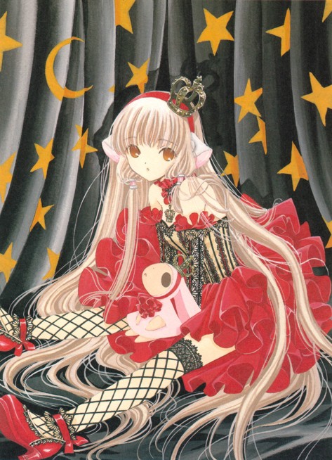 00s 1girl bare_shoulders black_legwear blonde_hair brown_eyes chii chobits choker clamp crescent crown curtains dress fishnet_legwear fishnets hair_tubes high_heels lace lace-trimmed_thighhighs layered_dress long_hair looking_at_viewer parted_lips red_shoes shoes sitting solo spoilers star star_print stuffed_animal stuffed_toy thigh-highs very_long_hair