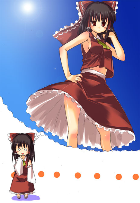 1girl armpits black_hair blush breasts detached_sleeves dress drooling female hakurei_reimu imagining japanese_clothes long_hair miko no_bra o_o red_eyes ribbon saliva solo subachi sun thinking thought_bubble touhou