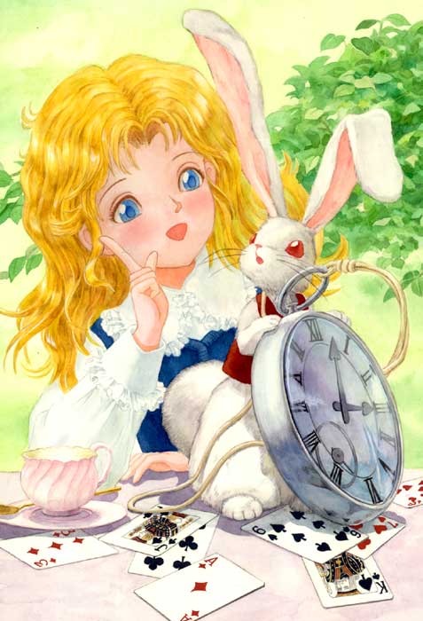 alice_(wonderland) alice_in_wonderland blonde_hair blue_eyes card clock cup efira pocket_watch rabbit spoon tea watch white_rabbit