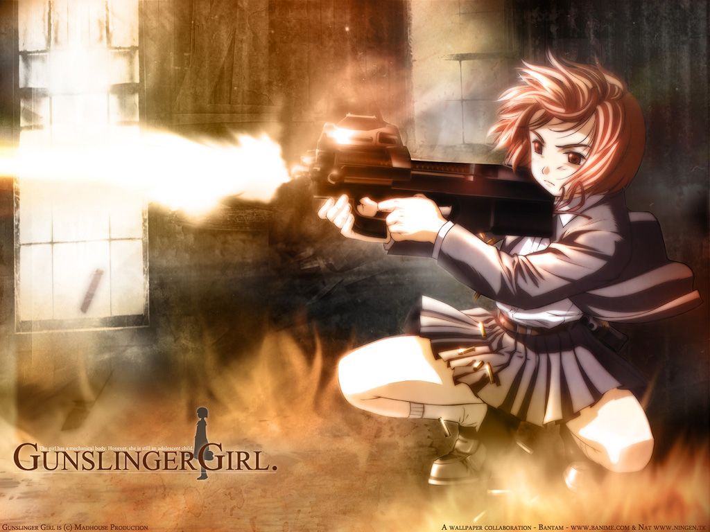 00s 1girl belt bob_cut brown_eyes brown_hair bullpup cardigan firing frilled_skirt frills gun gunslinger_girl henrietta holding holding_gun holding_weapon ishii_kumi jacket kneeling left-handed muzzle_flash official_art open_cardigan open_clothes p90 shell_casing shoes short_hair skirt smoke solo squatting submachine_gun wallpaper watermark weapon window