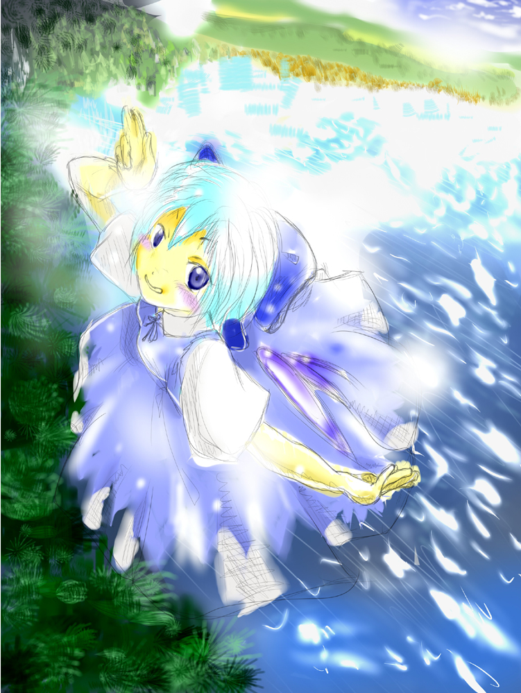 1girl blue_dress blue_eyes blue_hair cirno day dress female flying full_body ice ice_wings lake looking_at_viewer outdoors shore smile solo the_embodiment_of_scarlet_devil touhou water wings