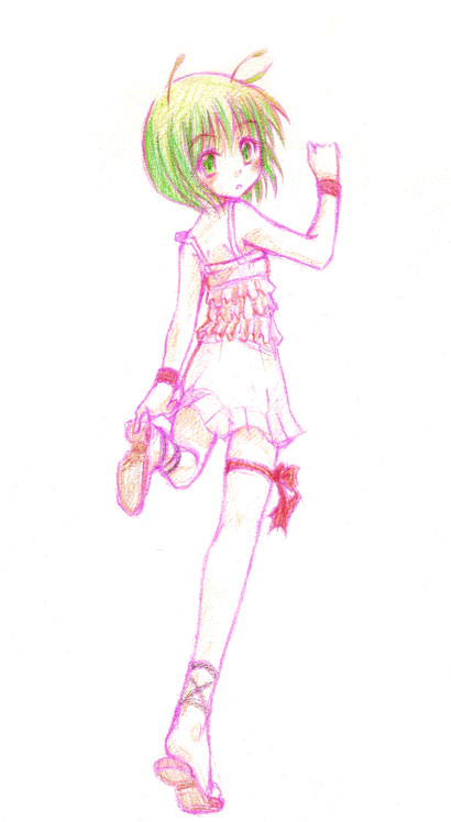 1girl a_utopia ankle_lace-up antennae camisole casual contemporary cross-laced_footwear female from_behind full_body green_hair hirase_yuu looking_back princess_wriggle sandals short_hair sketch skirt solo touhou white_background wriggle_nightbug wristband