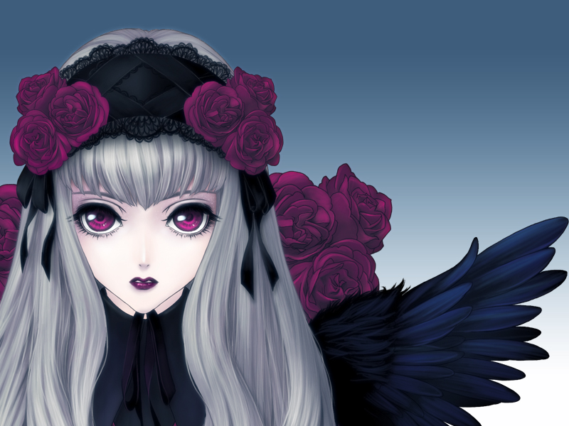 00s 1girl bangs bird_wings black_wings blue_background chin_strap expressionless feathered_wings flower gothic_lolita gradient gradient_background grey_hair hairband kunishige_keiichi lace lips lipstick lolita_fashion lolita_hairband long_hair looking_at_viewer makeup original pale_skin parted_lips purple_rose rose rozen_maiden silver_hair solo suigintou upper_body violet_eyes wings
