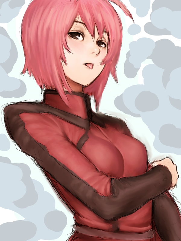 00s 1girl :p ahoge bodysuit fumio_(rsqkr) gundam gundam_seed gundam_seed_destiny looking_at_viewer lunamaria_hawke red_eyes redhead short_hair skin_tight solo tongue tongue_out upper_body