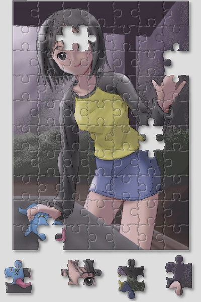 1girl black_eyes black_hair bob_cut brown_eyes hikikomori_alien jigsaw_puzzle nakahara_misaki nhk_ni_youkoso! outdoors pencil_skirt puzzle raglan_sleeves short_hair skirt solo