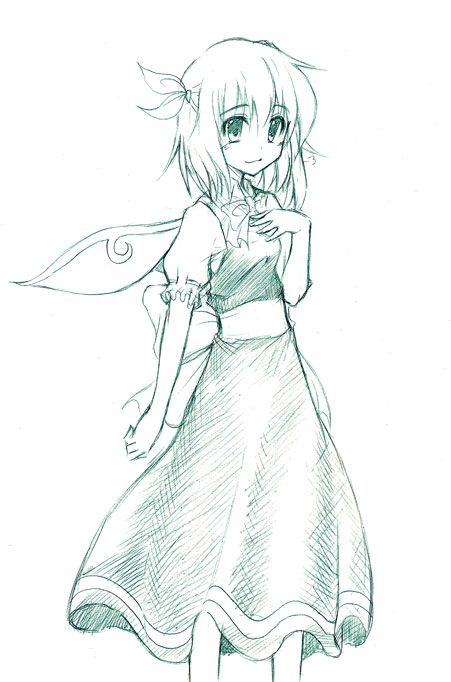1girl a_utopia daiyousei fairy_wings female green hair_ribbon hand_on_own_chest hirase_yuu monochrome ribbon short_hair sigh sketch smile solo the_embodiment_of_scarlet_devil touhou wings