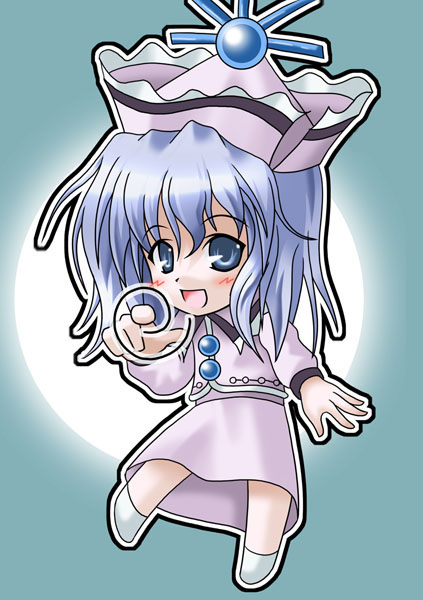 1girl :d blue_eyes blue_hair chibi female hat kukyo md5_mismatch merlin_prismriver open_mouth short_hair smile solo touhou