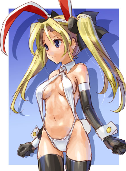 1girl animal_ears bikini black_legwear blonde_hair blue_eyes bow bunny_girl cowboy_shot elbow_gloves gloves hair_bow katahira_masashi light_smile long_hair navel original rabbit_ears sling_bikini solo swimsuit thigh-highs twintails white_swimsuit wrist_cuffs