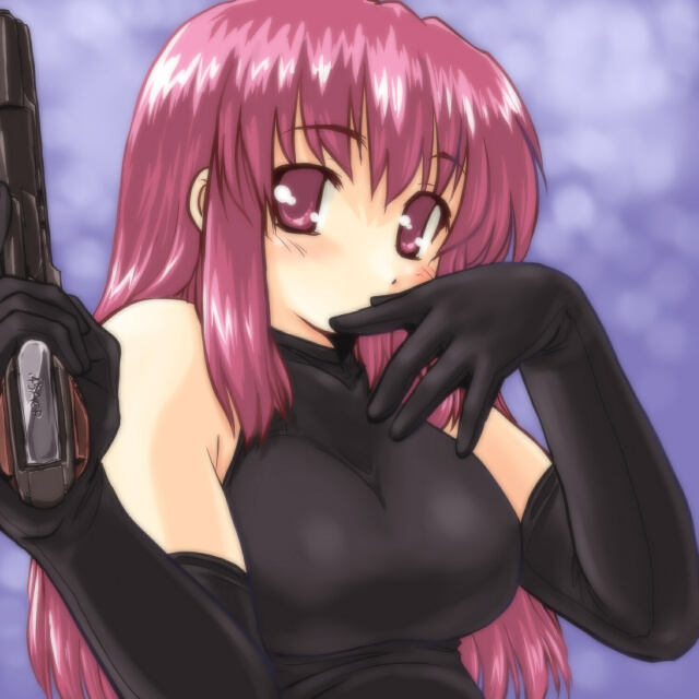 bare_shoulders dd_(ijigendd) gloves gun handgun m1911 pink_eyes pink_hair pistol weapon