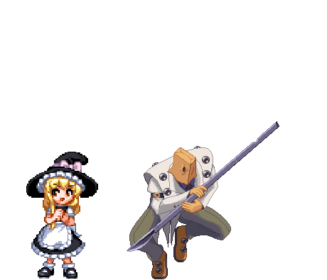 1boy 1girl animated animated_gif arc_system_works bag bag_on_head bag_over_head blonde_hair comparison crossover dancing faust_(guilty_gear) full_body guilty_gear hat heart kirisame_marisa lowres m.u.g.e.n paper_bag pixel_art touhou transparent_background witch_hat
