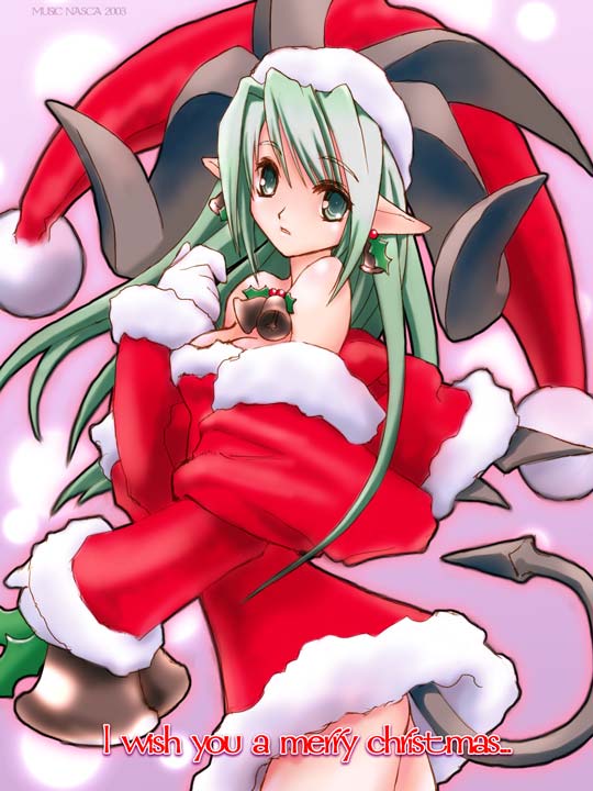 1girl bare_shoulders bat_wings bell breasts christmas cleavage demon_girl demon_tail dress earrings english fur_trim gloves green_eyes green_hair hat horns jewelry jpeg_artifacts large_breasts long_hair looking_back merry_christmas nasca ongaku_nasca open_mouth pointy_ears santa_costume short_dress solo standing strapless strapless_dress tail white_gloves wings