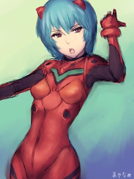 1girl :o armpits ayanami_rei bangs blue_hair bodysuit bracer breasts character_name cosplay cowboy_shot fumio_(rsqkr) gloves gradient gradient_background hair_between_eyes hair_ornament hand_up looking_at_viewer neon_genesis_evangelion number open_mouth outstretched_arm pilot_suit plugsuit red_eyes short_hair sketch slender_waist small_breasts solo soryu_asuka_langley_(cosplay) souryuu_asuka_langley turtleneck