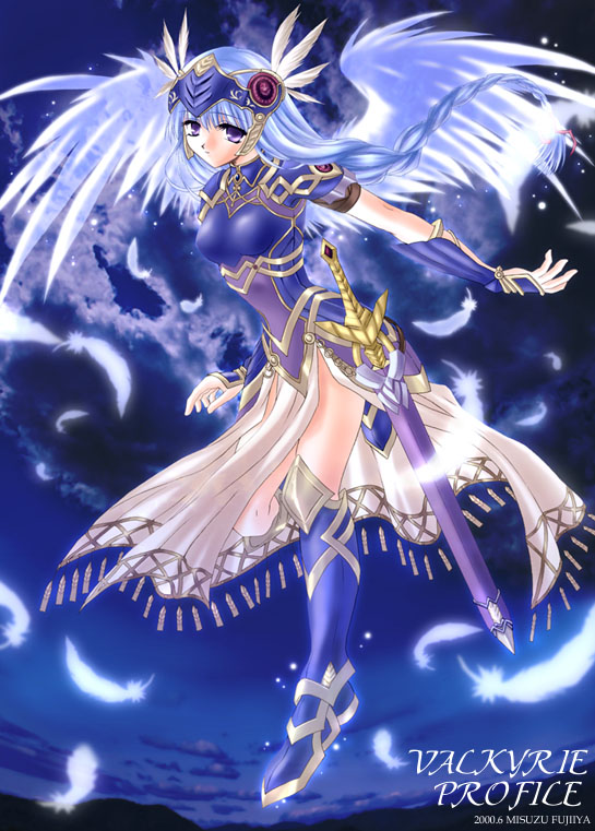 1girl angel_wings armor armored_dress blue blue_background boots braid copyright_name feathers fujimiya_misuzu gauntlets head_wings helmet lenneth_valkyrie long_hair silver_hair single_braid solo sword thigh-highs thigh_boots valkyrie valkyrie_profile violet_eyes weapon wings