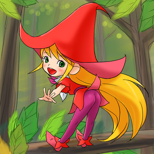 1girl :d ass belfy belfy_and_lillibit bent_over blush full_body green_eyes haruyama_kazunori hat leggings long_hair long_sleeves looking_at_viewer lowres open_mouth plant shoes smile solo tree very_long_hair witch_hat