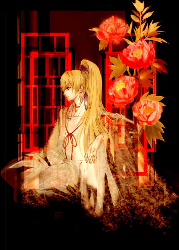 1boy blonde_hair candide flower japanese_clothes kimono line long_hair male_focus ponytail profile solo traditional_clothes trap