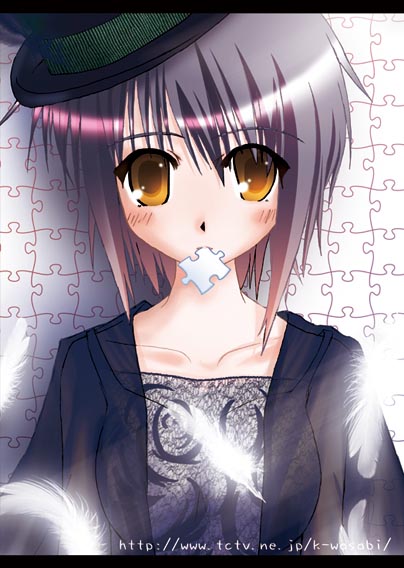 1girl blush feathers hat jigsaw_puzzle mouth_hold nagato_yuki purple_hair puzzle solo suzumiya_haruhi_no_yuuutsu yellow_eyes