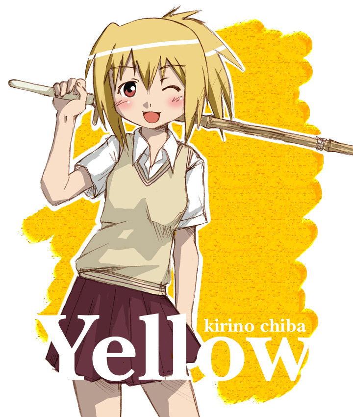 bamboo_blade blonde_hair blush chiba_kirino nyazui red_eyes school_uniform serafuku shinai sword weapon