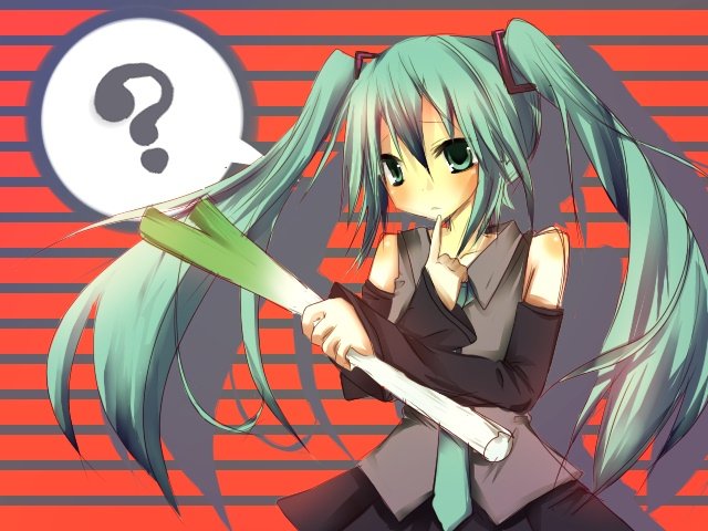 1girl ? aqua_eyes aqua_hair bad_id detached_sleeves finger_to_chin hatsune_miku necktie sakusakumonoka solo spoken_question_mark spring_onion striped striped_background twintails vocaloid