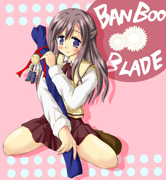 1girl bamboo_blade blush character_doll copyright_name eiga_danjuurou half_updo hiiragi_tomoka loafers miyazaki_miyako shoes skirt smile solo sweater_vest