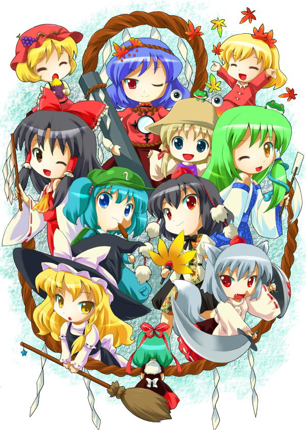 6+girls ^_^ aki_minoriko aki_shizuha animal_ears aqua_eyes aqua_hair arms_up ascot back bag black_hair blonde_hair blue_eyes blue_hair bow braid broom brown_eyes closed_eyes detached_sleeves eating fan fangs female food frog fruit gohei grapes green_hair grey_hair hair_bobbles hair_bow hair_ornament hair_ribbon hakurei_reimu hat inubashiri_momiji kagiyama_hina kawashiro_nitori kirisame_marisa kochiya_sanae leaf leaf_hair_ornament leaf_on_head long_hair looking_at_viewer michii_yuuki mirror moriya_suwako mountain_of_faith multiple_girls object_on_head one_eye_closed open_mouth outstretched_arms pom_pom_(clothes) red_eyes ribbon rope shameimaru_aya shield shimenawa short_hair silver_hair smile spread_arms star sweet_potato sword tail tokin_hat touhou twintails weapon witch_hat wolf_ears wolf_tail yasaka_kanako yellow_eyes