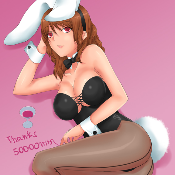 1girl animal_ears breasts brown_hair bunny_girl bunnysuit cissnei cleavage crisis_core_final_fantasy_vii final_fantasy final_fantasy_vii hits large_breasts pantyhose rabbit_ears red_eyes rokuichi solo