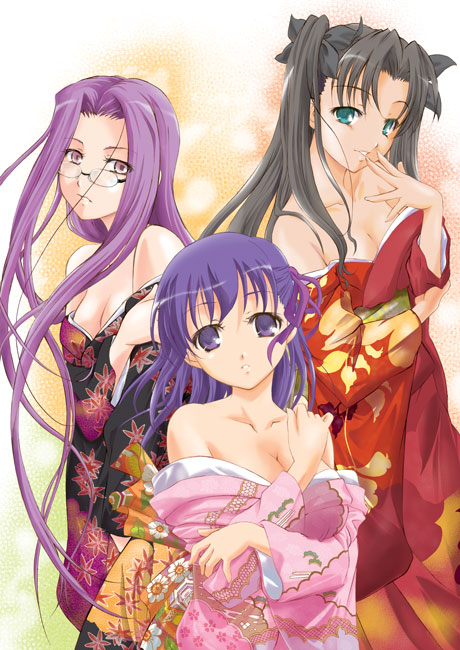 3girls aqua_eyes bare_shoulders breasts cleavage fate/stay_night fate_(series) glasses hair_ribbon hand_on_own_face japanese_clothes kimono large_breasts long_hair looking_at_viewer matou_sakura multiple_girls parted_lips purple_hair q-gaku ribbon rider shinbo_tamaran tohsaka_rin twintails two_side_up very_long_hair violet_eyes