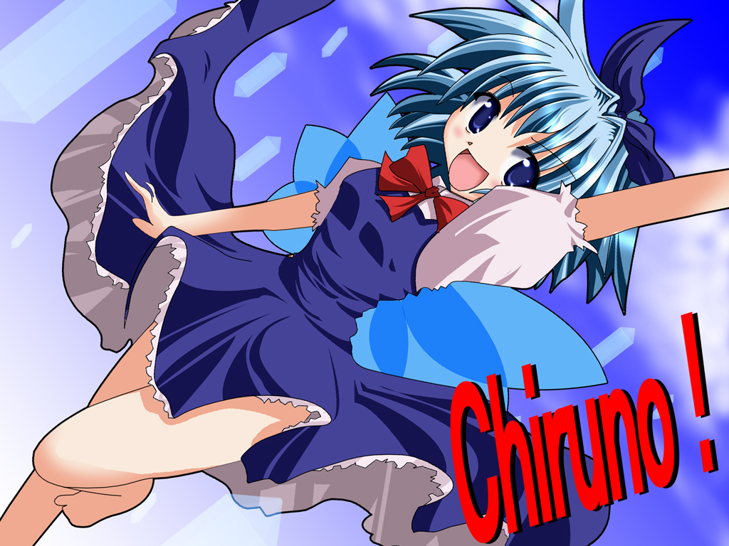 ! 1girl :d arm_up bare_legs blue_bow blue_dress blue_eyes blue_hair bow character_name cirno dress dutch_angle hair_bow looking_at_viewer open_mouth puffy_short_sleeves puffy_sleeves short_sleeves smile solo the_embodiment_of_scarlet_devil touhou