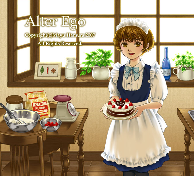 1girl black_legwear brown_eyes brown_hair cake chair cooking dated engrish flour food fruit hamura_mayu heart indoors looking_at_viewer maid mixing_bowl open_mouth pastry ranguage short_hair solo strawberry table weighing_scale whisk window