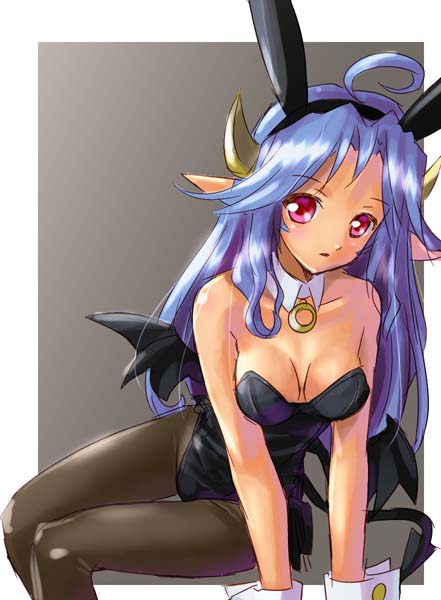 1girl ahoge animal_ears bat_wings breasts bunny_girl bunnysuit cleavage demon_girl detached_collar horns katahira_masashi looking_at_viewer pantyhose pointy_ears rabbit_ears solo succubus wings wrist_cuffs