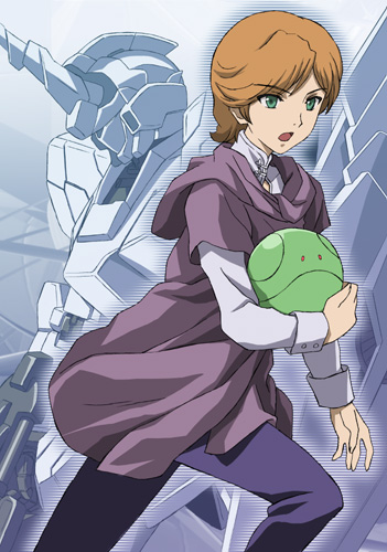 1girl :o androgynous audrey_burne ball brown_hair creature green_eyes gundam gundam_unicorn haro holding long_sleeves lowres machinery mecha midori_(searchlight) mineva_lao_zabi open_mouth pants short_hair unicorn_gundam