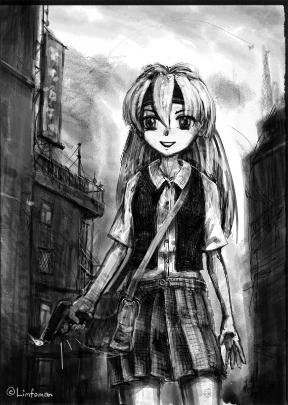 1girl :d arms_at_sides bag building city collared_shirt cowboy_shot grey gun hair_between_eyes handbag handgun limfoman long_hair looking_at_viewer monochrome open_clothes open_mouth open_vest original outdoors over_shoulder pistol pleated_skirt shirt short_sleeves sketch skirt smile solo standing very_long_hair vest weapon