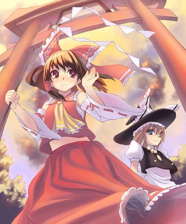 2girls detached_sleeves female hakurei_reimu hat japanese_clothes kirisame_marisa miko multiple_girls nature oryou outdoors plant skirt sky torii touhou witch witch_hat