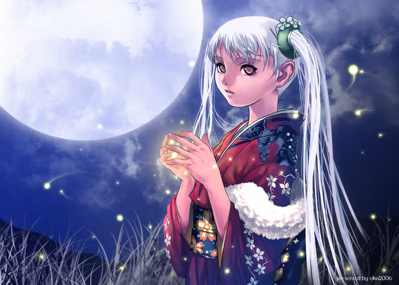 1girl eika_(artist) fireflies firefly hoshino_ruri japanese_clothes kidou_senkan_nadesico kimono moon solo twintails