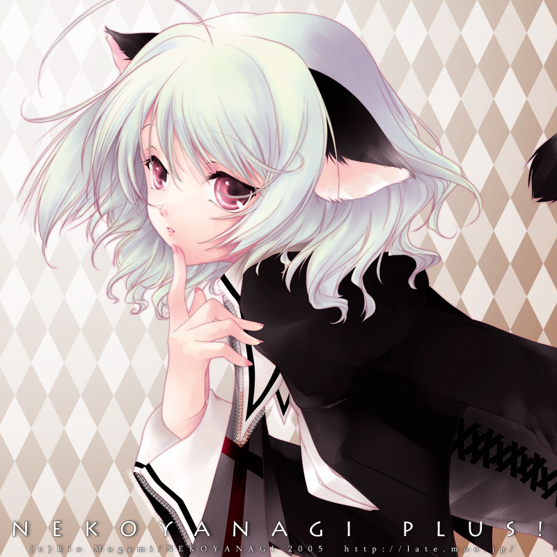1girl ahoge animal_ears bent_over cat_ears cat_tail checkered finger_to_mouth mogami_rio nail_polish original pink_eyes pink_nails short_hair silver_hair solo tail