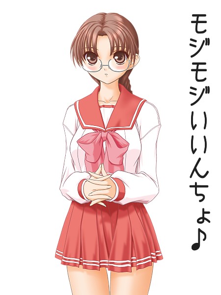 1girl blush bow bowtie braid brown_eyes brown_hair collarbone glasses hands_clasped hoshina_tomoko long_hair long_sleeves looking_at_viewer musical_note pleated_skirt red_bow red_bowtie red_skirt rimless_glasses shirt simple_background single_braid skirt solo t2r thigh_gap to_heart white_background white_shirt